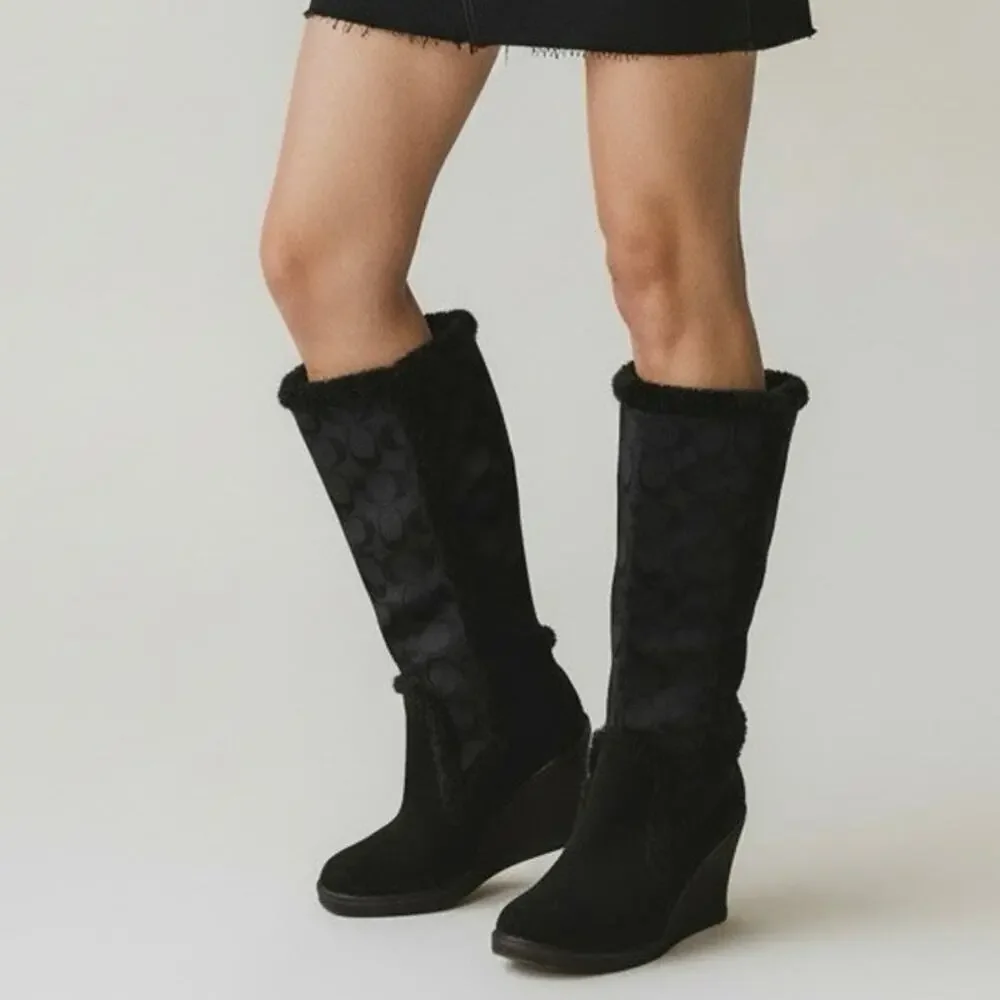 Coach Jordana Signature Suede and shearling Wedge Boots Black 7